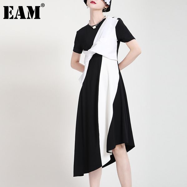 

[eam] women black asymmetrical spliced sashes dress round neck short sleeve loose fashion spring summer 1dd7507 21512, Black;gray