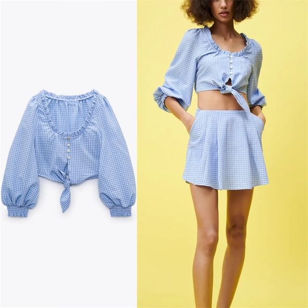 

blue plaid cropped summer blouse women long puff sleeve ruffle vintage shirt feminine chic button up knot gingham 210524, White