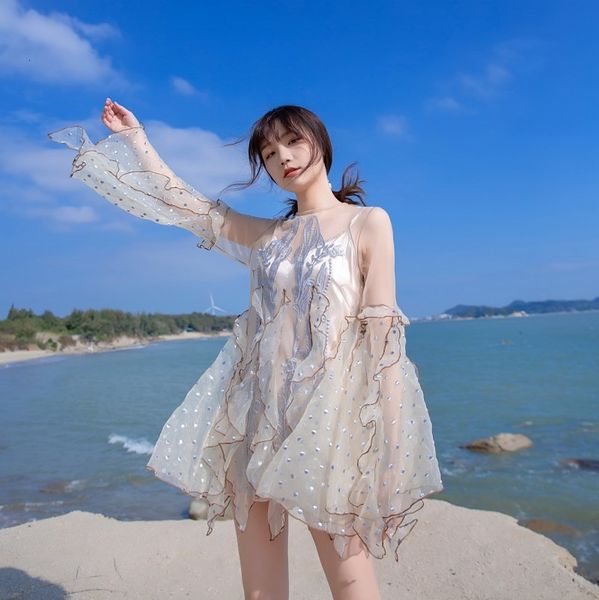 

dress 2021 summer feminine organza mesh dress long sleeves embroidered women's holiday dresses elegant, Black;gray