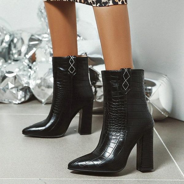 

boots series winter black white women ankle fashion embossed pu square high heel western warm ladies short