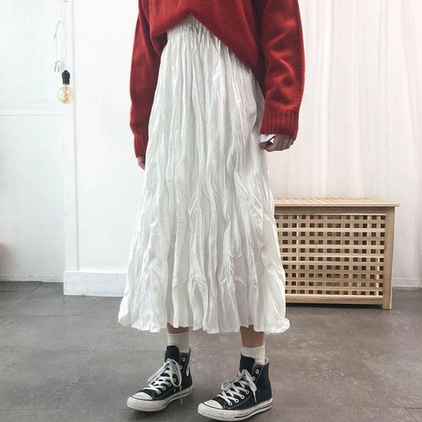 

skirts long midi womens 2021 spring summer elastic high waist folds tutu pleated female black white skirt streetwear