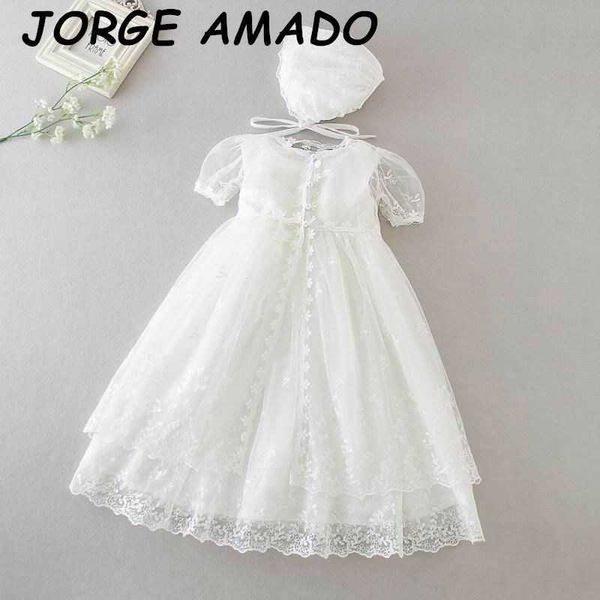 Baby Girls vestido vestido de baile para batismo batismo 1º aniversário vestidos de festa de tule com capa de renda + tampa 3 pcs terno 9903BB 210610