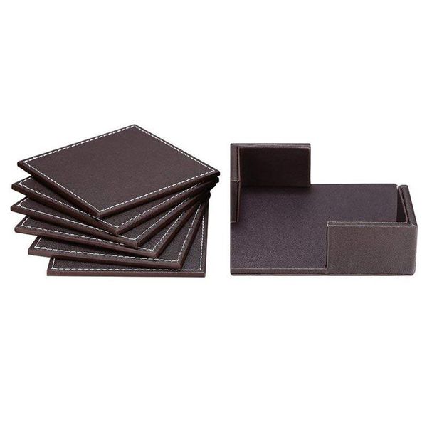 

table runner coasters for drinks,leather set with holder of 6,protect furniture from water marks scratch and damage (sqaure brow