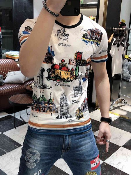 

tee 2021 summer streetwear around the neck creative fashion impression harajuku men's t-shirt, White;black