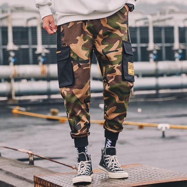 

camouflage overalls men's pants military tactical joggers cargo multi-pocket fashions band trousers men, Black