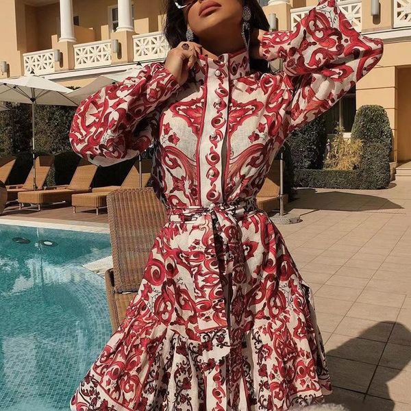 

casual dresses women floral summer dress knee length long lantern sleeve high waist tunic sashes holiday, Black;gray