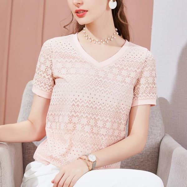 

women's blouses & shirts white lace patchwork ladies blouse 2021 spring summer autumn short sleeve hollow elegant office fashion v-neck