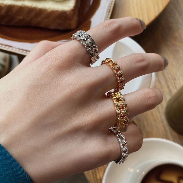 

cluster rings peri'sbox dainty cuban link chain ring female gold color thin thick chains opening stackable with zircon, Golden;silver