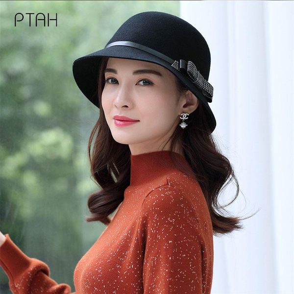 

stingy brim hats [ptah] fashion fedoras for women temperament elegant autumn winter warmer caps ladies 100% wool high quality, Blue;gray