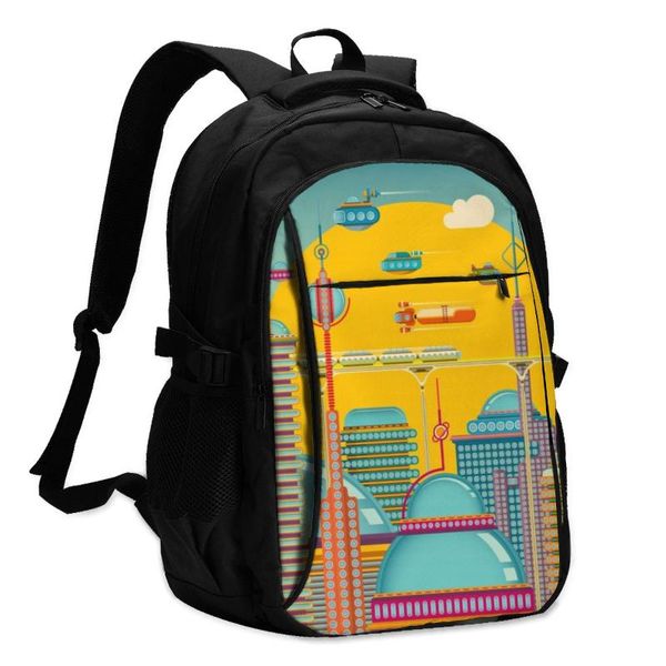 

backpack usb charge women cartoon futuristic city student letters print school bag teenager girls