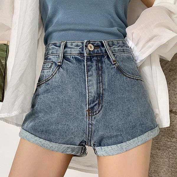 

women's jeans student curling wide leg shorts high waist solid color denim female summer loose korean fashion thin, Blue