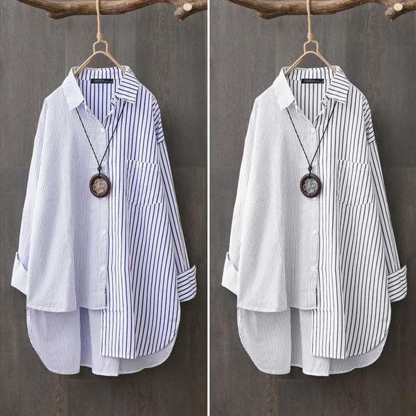 

fashion irregular hem long sleeve women shirt striped spring patchwork blusas femme office work mujer chemise, White