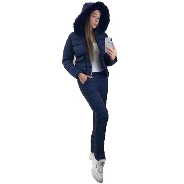 

two piece set women black pink -2xl plus size parka and cotton pants winter long sleeve fashion slim warmth clothing lr366 210531, White