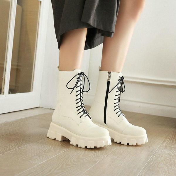 

boots pu slim beige black brown woman platform chunky heels lace-up women zipper winter shoes plus size 34-43