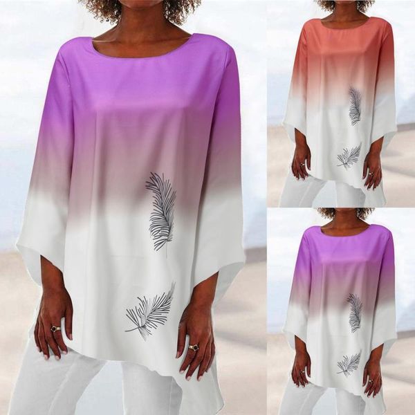 

women's blouses & shirts female irregular casual printed loose blouse vintage long sleeve hem tunic chemise femme, White
