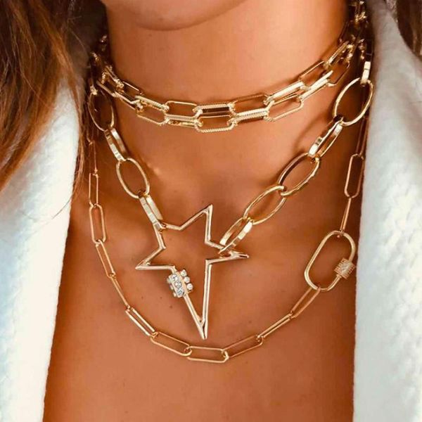 

pendant necklaces fashion multilayer five-pointed star necklace women golden chunky thick lock choker chain party jewelry gift, Silver
