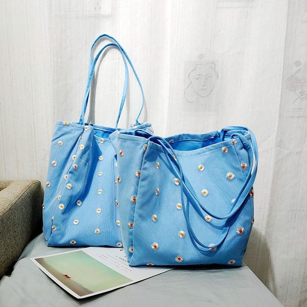 

evening bags women canvas shoulder bag daisy embroidery mesh cloth large capacity big tote handbag female folding reusable shopping