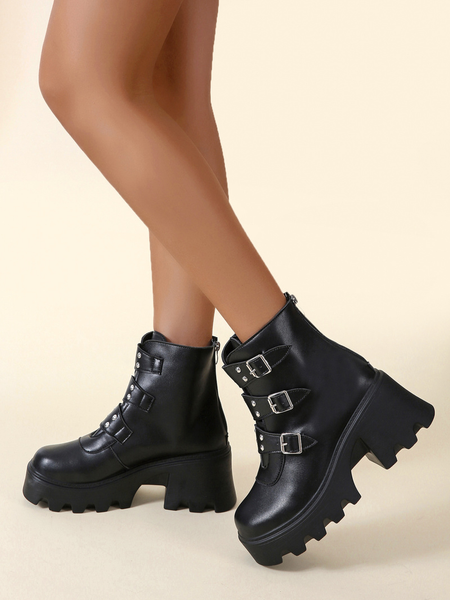 

biker combat boots women platforms chunky block high heel punk shoes gothic rivet buckle ankle military large size 34-40, Black