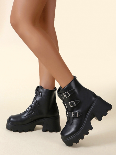 Biker-Kampfstiefel für Damen, Plattform, klobiger Block, hoher Absatz, Punk-Schuhe, Gothic-Stil, Nietenschnalle, Knöchel, Militär, große Größe 34–40