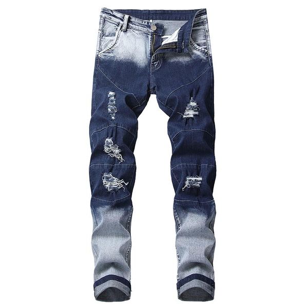

men's jeans summer color matching personal slim feet pants korean style trend all-match, Blue