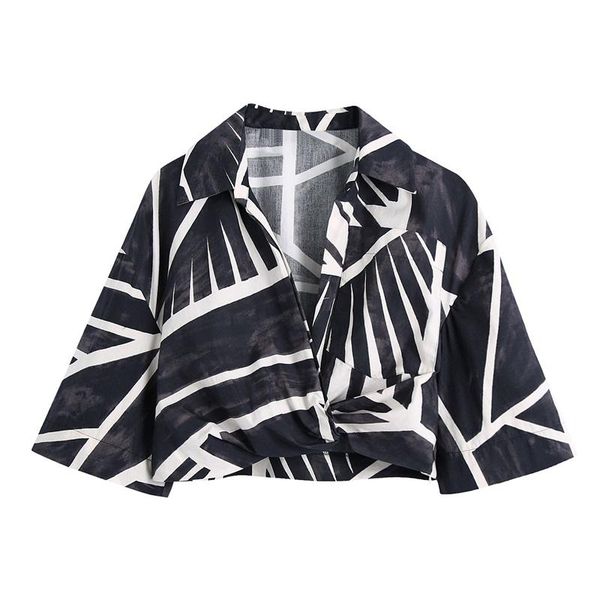 

women's blouses & shirts traf women 2021 fashion printed crossover cropped vintage short sleeve side zipper female streetwear, White