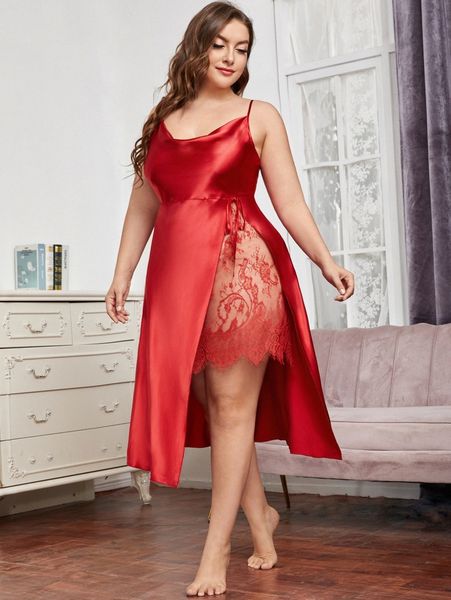 

plus contrast eyelash lace drapeÂ neck split thigh satin sleep dress b0yv#, Black;white