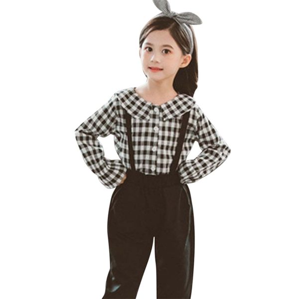 

girls clothes plaid shirt & jumpsuit set flare sleeve for fall winter children's casual suits 210528, White