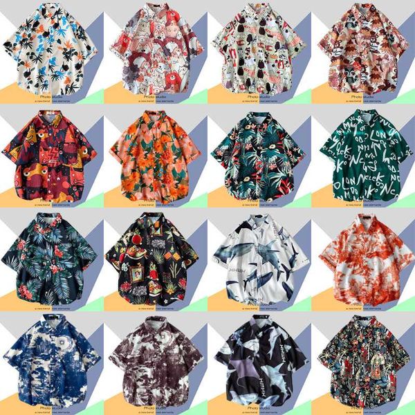 

men's casual shirts ins summer short sleeve floral shirt and women's handsome hawaiian beach loose harajuku for men factory 2021, White;black