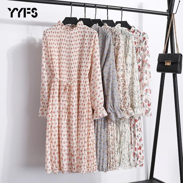 

casual dresses yyfs 2021 cotton women spring summer loose chiffon dress high waist ruffles flare sleeve female, Black;gray