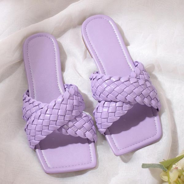 

summer ins fashion women candy color plaid flat slippers purple yellow low heels beach slides mules shoes plus size 41 42, Black