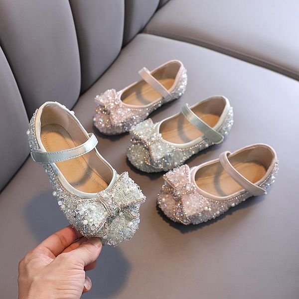 

flat shoes autumn girls casual leather rhinestone bow princess children, Black;grey