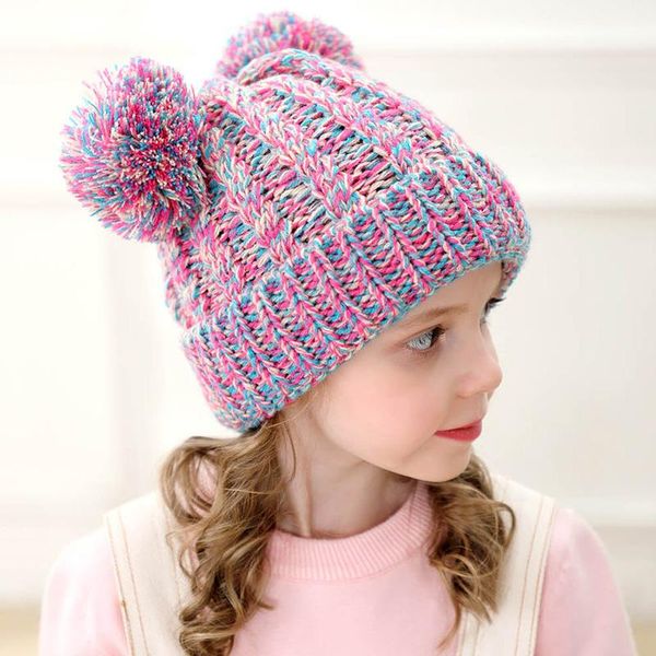 

berets 1-6 years old children's wool hat twist woven cute double ball cap simple solid color knitted thick winter warm, Blue;gray