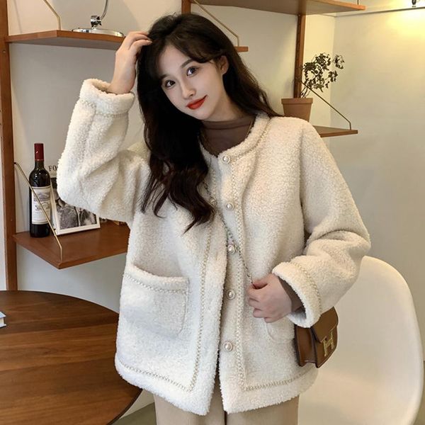

women's fur & faux french 2021 winter warm elegant thick coats women loose casual black wool jacket long sleeves lady overwear fashion