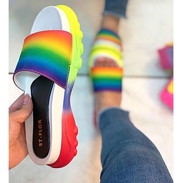 

rainbow bling flip flops sandalias de verano para mujer 2021 jelly slides wedges heels platform dames schoenen pantufa feminina slippers, Black
