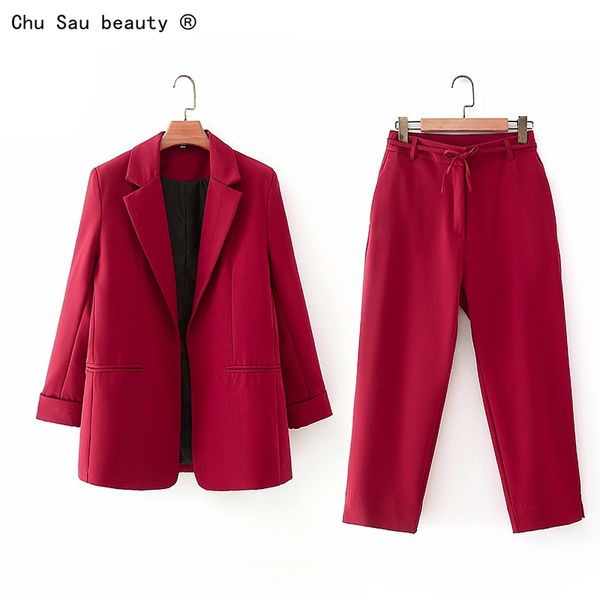 

fashion red blazer suits office ladies two-piece sets long sleeve pants for woman completo donna 210514, White;black