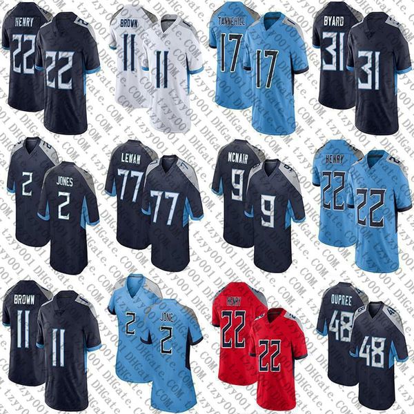 

22 derrick henry 2 julio jones 11 aj brown custom football jersey ryan tannehill jeffery simmons steve mcnair eddie george taylor lewan kevi, Black;red
