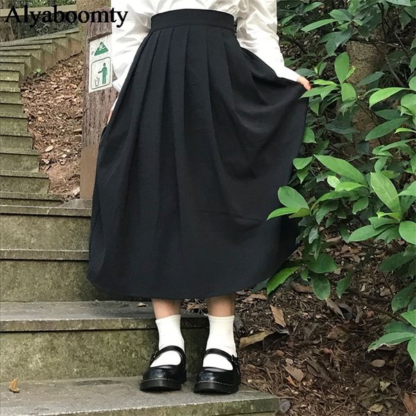

spring fall preppy style women long skirt high waist plus size solid jupe longo elegant vintage gray black pleated skirts womens 210319
