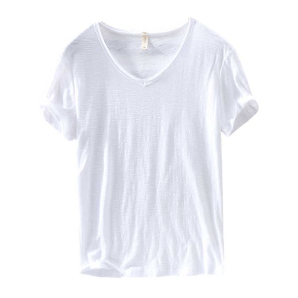 

t shirts men short sleeve 100%pure cotton v-neck casual solid white tee male basic tshirts clothing 210601, White;black