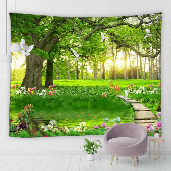 

tapestries spring scenery tapestry wall hanging rural green plants forest flowers animal natural landscape bedroom dormitory decor blanket
