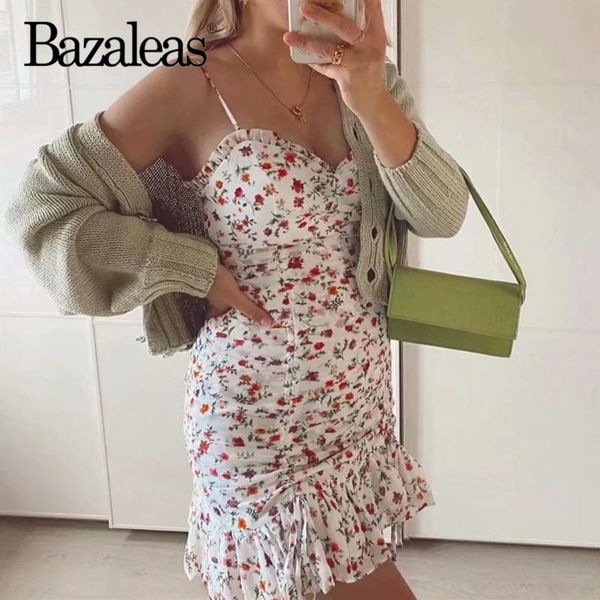 

bazaleas vintage front ruched mini women dress floral print sheath ruffles vestidos retro spaghetti strap sleeveless casual dresses, Black;gray