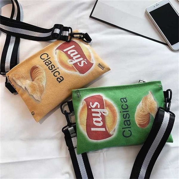 

chic trendy canvas potato chips purses crossbody shoulder bag backpacks clasica letters crisps print fanny packs knitted belt messenger pouc, Black
