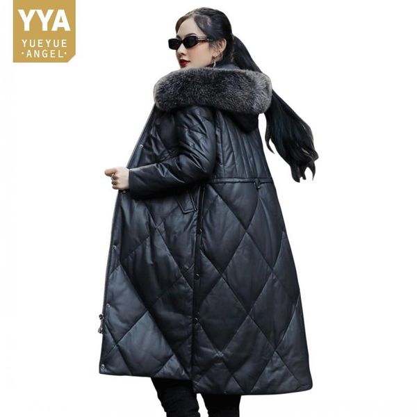 

women's leather & faux women hooded genuine down jacket sheepskin fur collar long coat thick warm autumn winter female blac, Black