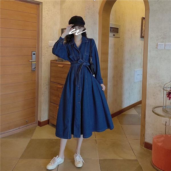 

casual dresses spring 2021 loose large size slimming retro waist long-sleeved denim dress women's clothing ly357, Black;gray