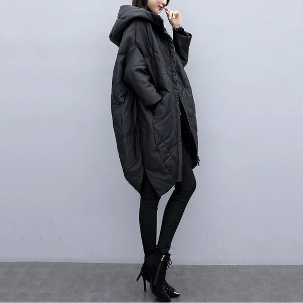 

women's down & parkas cocoon type cotton coat 2021 winter large size mid-length temperament ladies pu leather thickened e551, Black