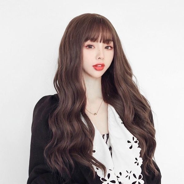 

wave big new gold wig women's wind long curly hair air bangs, Black