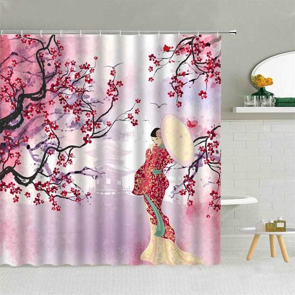 Tenda da doccia a tema tradizionale giapponese Kimono Donna Sakura Pavilion Bird Tessuto impermeabile Decorazioni per il bagno Ganci Tende Set 211116