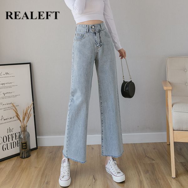 

women long jeans autumn high waist double button decoration casual loose wide leg women's pants female 210428, Blue