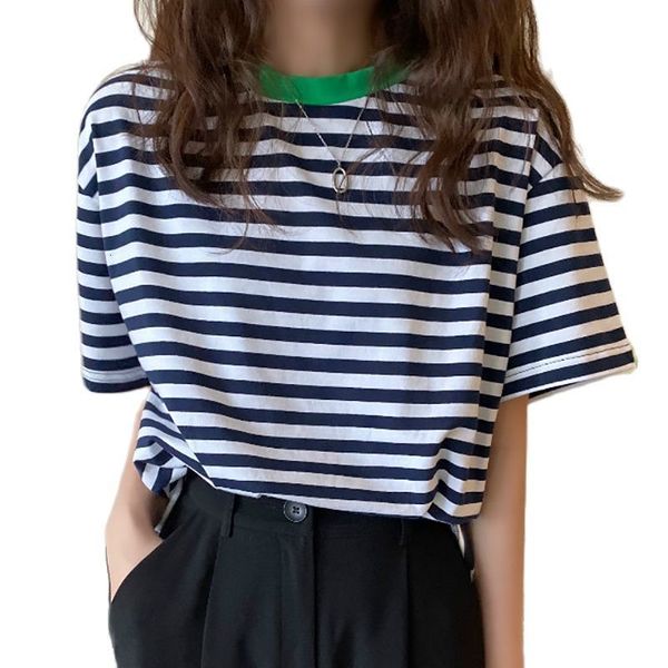 

women's t-shirt camisetas mujer striped shirts summer ops for women cotton female short sleeve loose woman clothes shirt femme zz, White
