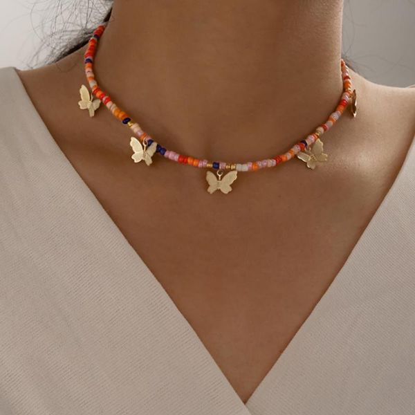 

pendant necklaces trendy bead butterfly beaded choker necklace for women bohemian colorful handmade short daisy pearl collar jewelry, Silver