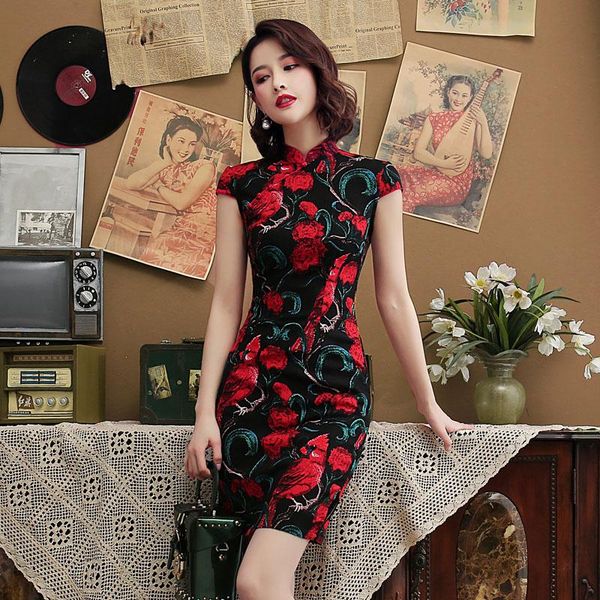 

ethnic clothing black red nightingale chinese cheongsam dress stretch cotton and linen plus size chipao 5xl 4xl traditional vintage qip